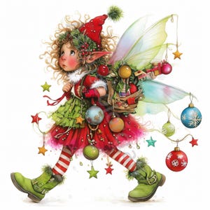 May include: A Christmas fairy with green wings and a red dress is carrying a bag full of ornaments and gifts. She is wearing a red hat and green boots. There are stars and ornaments hanging from a string behind her.