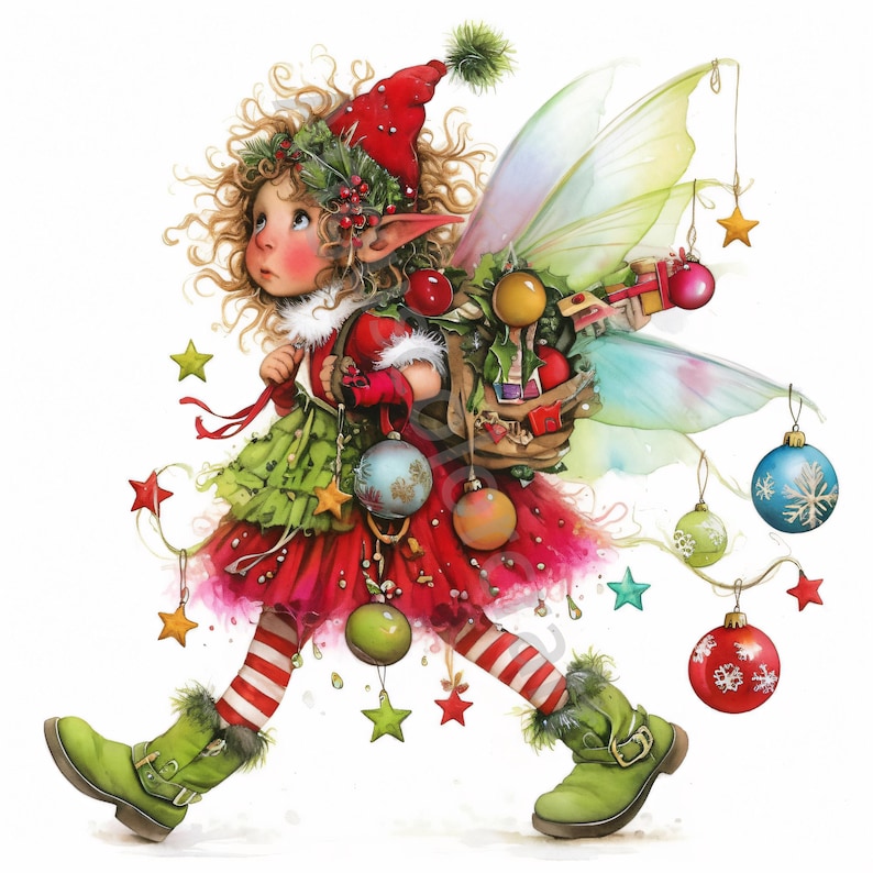 May include: A Christmas fairy with green wings and a red dress is carrying a bag full of ornaments and gifts. She is wearing a red hat and green boots. There are stars and ornaments hanging from a string behind her.