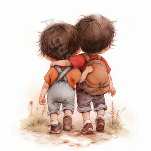 10 JPG Best Friends Little Boys-illustraties, aquarel clipart, ongewenste dagboek, plakboek, kaarten maken, digitale download, grillige broers