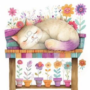 10 cliparts chat original, aquarelle Clipart JPG, Junk Journal, scrapbooking, fabrication de cartes, téléchargement numérique, fantastique chaton lunatique avec fleur