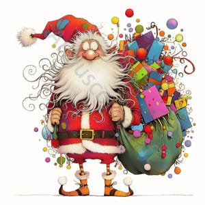 Père Noël original avec lot de 10 cliparts aquarelle haute résolution pour la journalisation indésirable, scrapbooking, travaux manuels, téléchargement numérique, carte de Noël