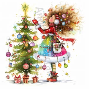 Eigenzinnige boom versieren illustraties 12 aquarel kerst JPG's, ongewenste journaling scrapbooking kaarten maken digitale download fantasie grillig