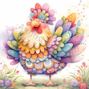 12 cliparts poulet, Calico poulets Clip Art Kit 10 cliparts aquarelle haute résolution JPG pour la journalisation indésirable, scrapbooking, travaux manuels, téléchargement numérique