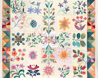 Flower Quilts Clip Art Bundle, Watercolor Flower Background, 15 High Res JPGs for Junk Journaling, Scrapbook, Digital Download, Card Making