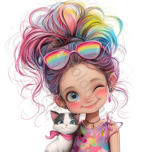 13 schrullig Mädchen Clipart, Mädchen mit Katze Welpen, kommerzielle Nutzung, wunderliche Ephemera, Aquarell JPG, Sofort Download, Junk Journal, Papiermodelle
