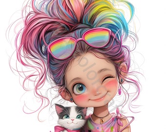 13 Quirky Girl Clipart, Girl with Cat Puppy, Commercial Use, Whimsical Ephemera, Watercolor JPG, Instant Download, Junk Journal, Paper Craft