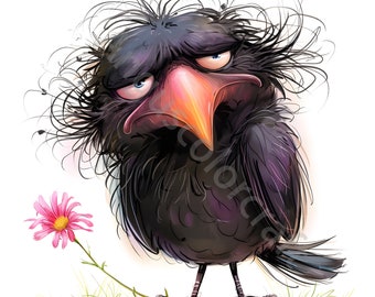 14 Crazy Raven Clip art, Funny Bird Clipart, High Quality jpgs, Digital Download, Watercolor Clipart, Printables, Commercial License, Flower