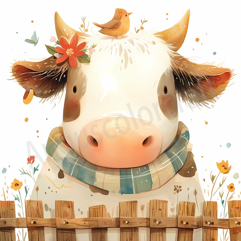May include: A white and brown cow with a red flower crown and a small yellow bird perched on its head. The cow is wearing a blue and white scarf and is looking at the camera. The cow is standing in front of a wooden fence with green grass and flowers behind it.