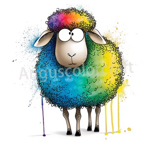 May include: A cartoon sheep with a rainbow colored wool coat and big eyes. The sheep is standing on a white background with yellow and blue paint splatters.