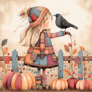 10 JPG Menina com Corvo Clipart, Uso Comercial, Ephemera Caprichosa, Clipart de Outono em Aquarela Download Instantâneo, Diário de Fantasia, Artesanato