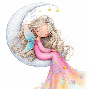13 Clip Art di fata della luna stravagante, Clipart acquerello JPG, Diario spazzatura, Album di ritagli, Creazione di biglietti, Download digitale, Fantasy, Ragazza stravagante