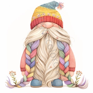 May include: A gnome with a long, braided beard made of colorful yarn. The gnome is wearing a red and yellow hat with a blue pom-pom and a pink sweater.