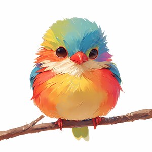 May include: A small, colorful bird with blue, green, yellow, and orange feathers sits on a branch. The bird has large, dark eyes and a small, red beak.