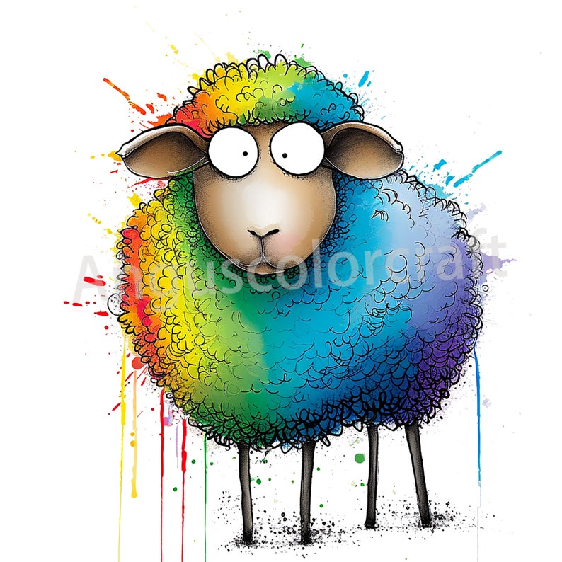 May include: A cartoon sheep with a rainbow-colored wool coat. The sheep has large, round eyes and a surprised expression. The background is white with colorful paint splatters.