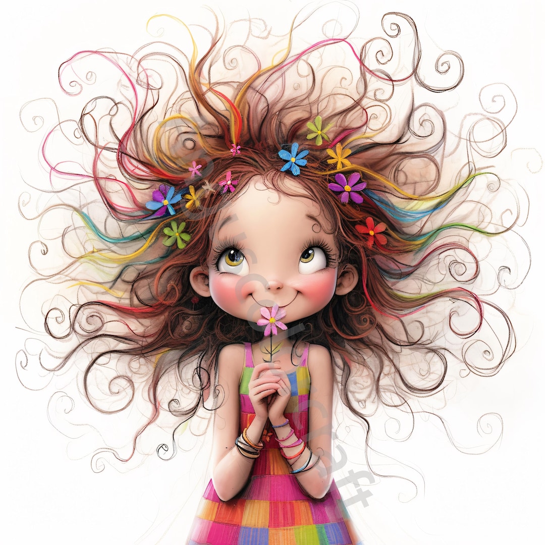 Quirky Girl With Flower Clip Art 12 High Res Watercolor JPG Junk ...