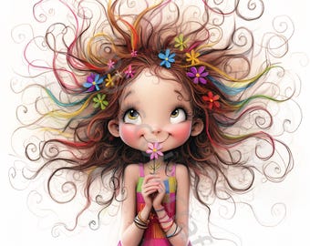 Quirky Girl with Flower Clip Art 12 High Res Watercolor JPG Junk Journaling, Scrapbooking, Card Making, Digital Download, Fantasy, Whimsical
