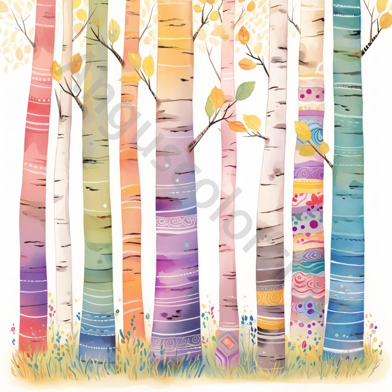 Pu&ograve; includere: Un dipinto ad acquerello di una foresta con betulle colorate. Gli alberi sono dipinti in tonalit&agrave; di rosa, arancio, giallo, verde, blu e viola. Gli alberi sono circondati da erba verde e piccoli fiori.