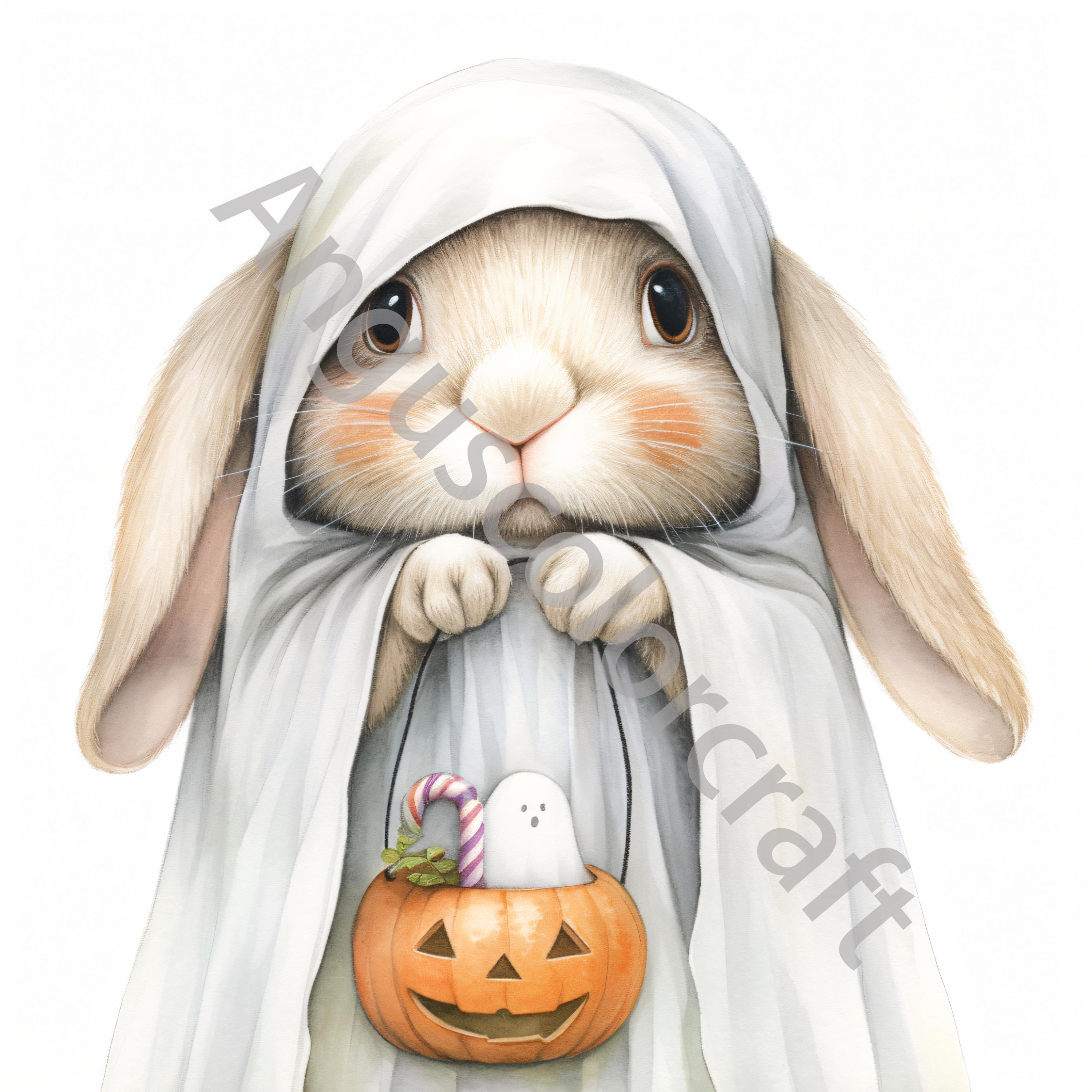 10 JPG Quirky Ghost Bunny Clip Art, Halloween Clipart, Watercolor ...