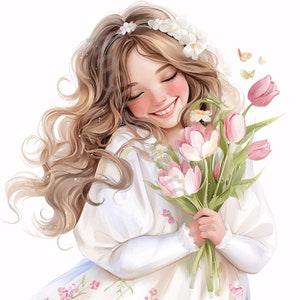 12 Clipart fille avec des fleurs, fleurs sauvages, clipart aquarelle imprimable, fichiers JPG haute résolution, téléchargement numérique, créations en papier, journal indésirable