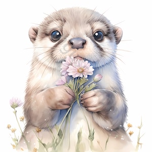 Bébé loutre avec des cliparts fleur, lot de 15 cliparts aquarelle, adorables 15 images, art animalier artisanat impressions numériques usage commercial décoration de chambre d'enfant