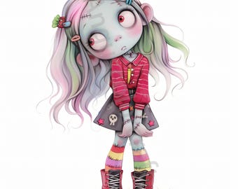 10 JPG Quirky Zombie Girl Clip art, Watercolor Clip art, Junk Journaling, Scrapbook, Card Making, Digital Download Fantasy, Whimsical Girl