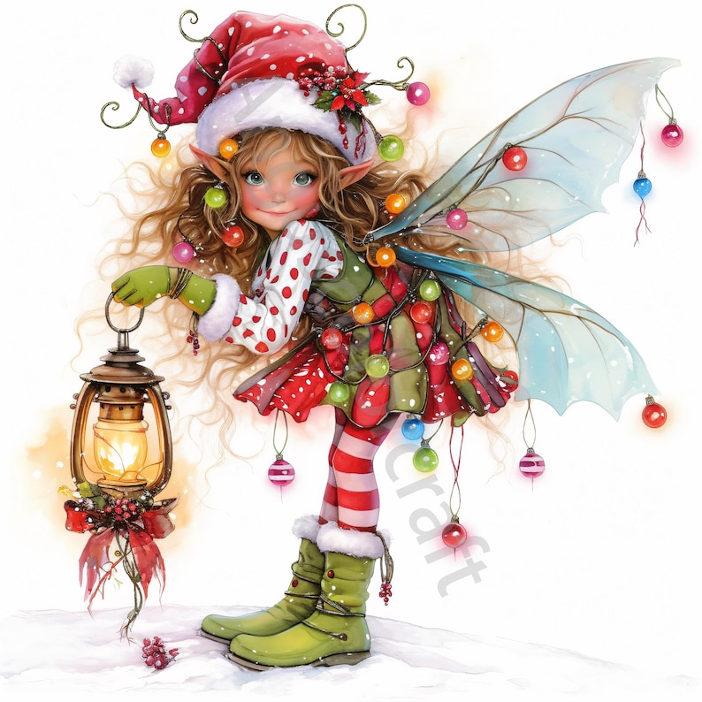 May include: A Christmas fairy with a red and white Santa hat, a red and white polka dot dress, and green boots. She is holding a lantern and has fairy wings decorated with colorful lights.