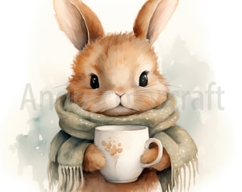 Bunny Rabbit Clipart, Cozy Scarf, Watercolor Graphics (Digital Download)
