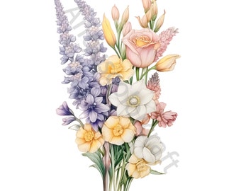 Boho Watercolor Flower Clipart: Wildflower Bouquet (16 JPGs Digital Download)