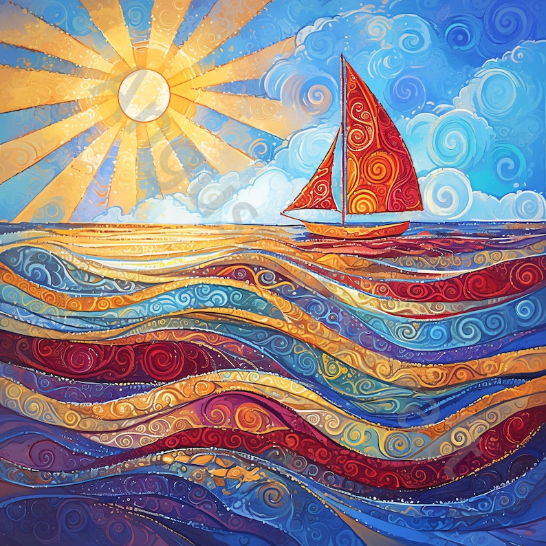 May include: A vibrant painting of a sailboat on the ocean under a bright sun. The sailboat has a red sail with an intricate pattern. The water is depicted with colorful, swirling waves in shades of blue, red, and gold.