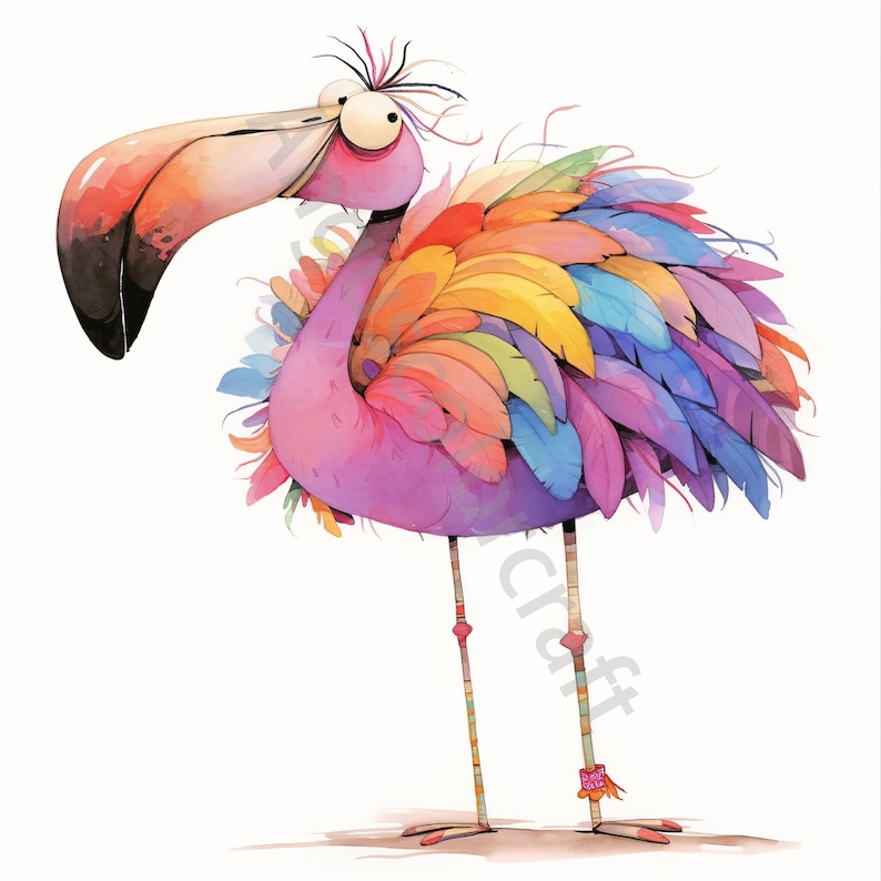 May include: A cartoon flamingo with a long, pink neck and a large, orange beak. The flamingo has a colorful array of feathers on its back, including red, orange, yellow, green, blue, and purple. The flamingo is standing on two long, thin legs with colorful bands around them.