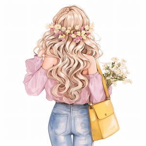 14 Ragazza alla moda con fiore in jeans Clipart Acquerello Clip art JPG, Download immediato, Diario spazzatura, Artigianato di carta, Vista posteriore, Capelli lunghi e ondulati