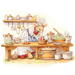 Mamá Ratón Preparando Comida Clipart, Animales lindos- 15 JPG de alta calidad - Descarga digital - Fabricación de tarjetas, Regalo para niños, Uso comercial, Arte de pared