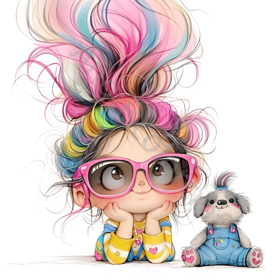 13 Quirky Girl Clipart Set 2, Girl with Pet, Commercial Use, Whimsical Ephemera, Watercolor JPG, Instant Download, Junk Journal, Paper Craft