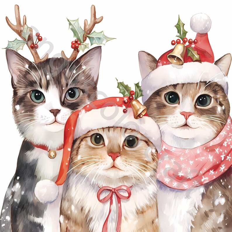 10 Jpgs Christmas Cats Clip Art, Watercolor Clipart, Digital Download ...