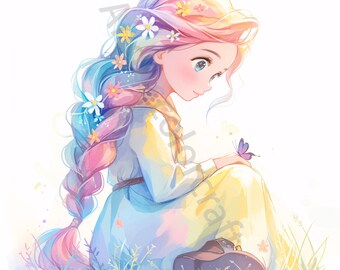 13 JPG Quirky Rainbow Girl with Butterfly Clipart, Commercial Use, Whimsical Ephemera Watercolor Girl Clipart, Instant Download, Paper Craft