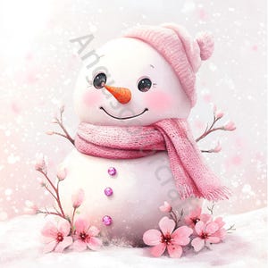 Vintage Pink Snowman Clipart Bundle- 10 High Res Watercolor Clip art JPGs- Winter Holidays, Journaling, Scrapbook Supply, Digital Download