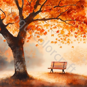May include: Watercolor painting of a tree with vibrant orange leaves, a brown trunk, and a wooden bench. The scene evokes autumn with its warm color palette of oranges, browns, and yellows. The bench is positioned under the tree, suggesting a peaceful setting.
