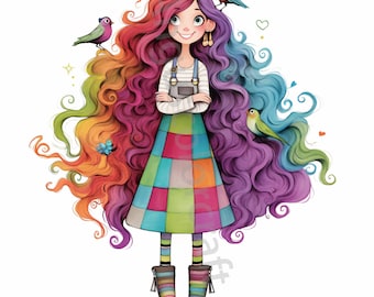 12 Quirky Girl Clip art, Girl with Bird, Commercial Use, Whimsical Ephemera, Watercolor JPG, Instant Download, Junk Journal, Paper Craft