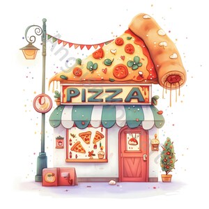 Whimsical Pizza Shop Watercolor Clip Art, Junk Journal, Card Making (10 JPG Digital Download) image 2