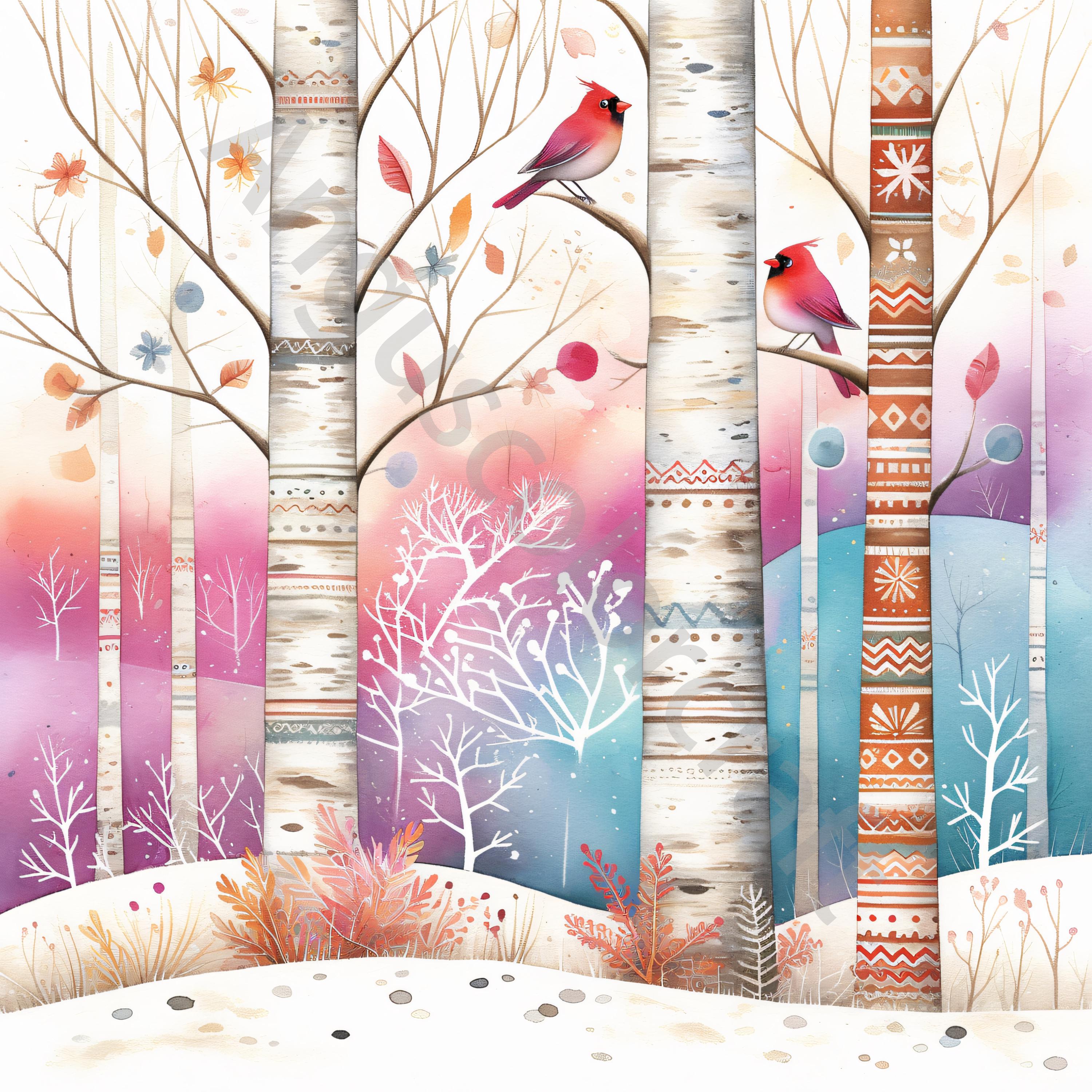 10 Birch Trees With Cardinal Clip Art, Watercolor JPG, Junk Journaling ...