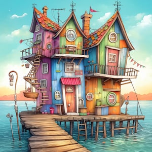 10 clipart maison insolite au bord de la mer, clipart aquarelle JPG, journal indésirable, scrapbooking, fabrication de cartes, téléchargement numérique, chalet fantaisiste