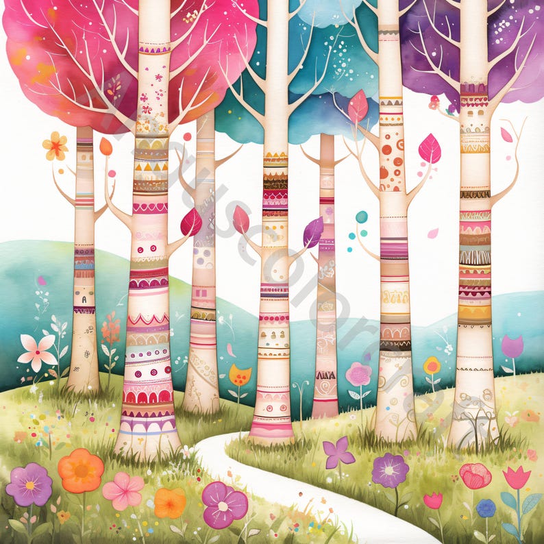 Pu&ograve; includere: Un'illustrazione fantasiosa di una foresta con alberi colorati. Gli alberi hanno tronchi bianchi con motivi colorati e foglie rosa, blu e viola. Un sentiero bianco si snoda attraverso la foresta.