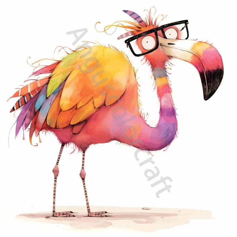 May include: A colorful flamingo with a whimsical, multi-colored feather design and a pair of black-rimmed glasses. The flamingo is standing on a white background.