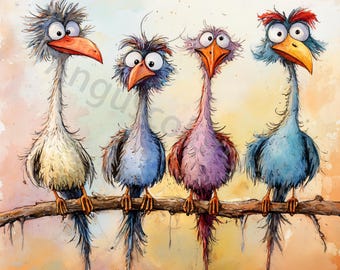 10 Funny Whimsical Birds Clipart, Cute Bird Clipart, High Quality jpgs, Digital Download, Watercolor Clipart, Printables, Commercial License