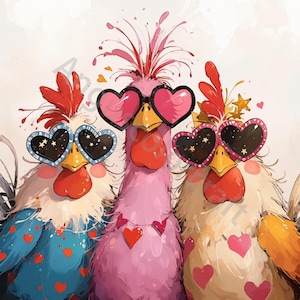 10 cliparts drôles de poulets lunatiques, Saint-Valentin Clipart, JPG, téléchargement numérique, clipart aquarelle, produits imprimables, licence commerciale