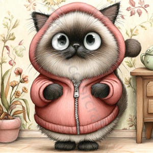 10 Hoodie kitten Clip Art, Vintage Watercolor Clipart JPG, Junk Journal, Scrapbook, Card Making, Digital Download, Fantasy Whimsical Cats