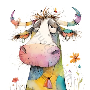 13 imágenes prediseñadas de vaca peculiar, uso comercial, efímera caprichosa, JPGs de imágenes prediseñadas de vaca divertida acuarela, descarga instantánea, diario basura de fantasía, artesanía