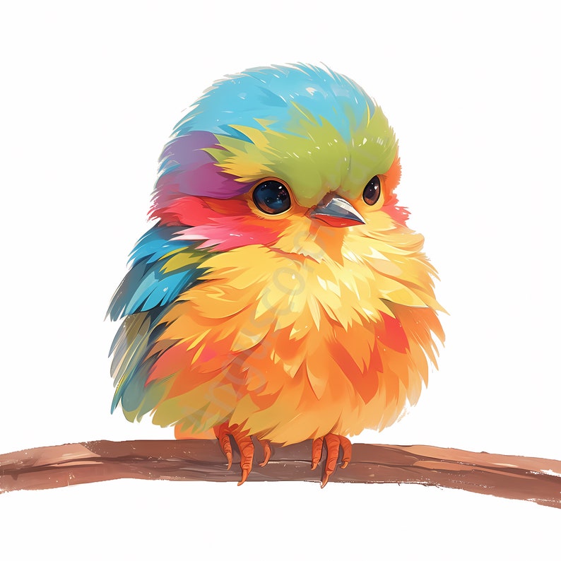 May include: A small, colorful bird with blue, green, pink, and yellow feathers sits on a brown branch. The bird has large, dark eyes and a small, orange beak.
