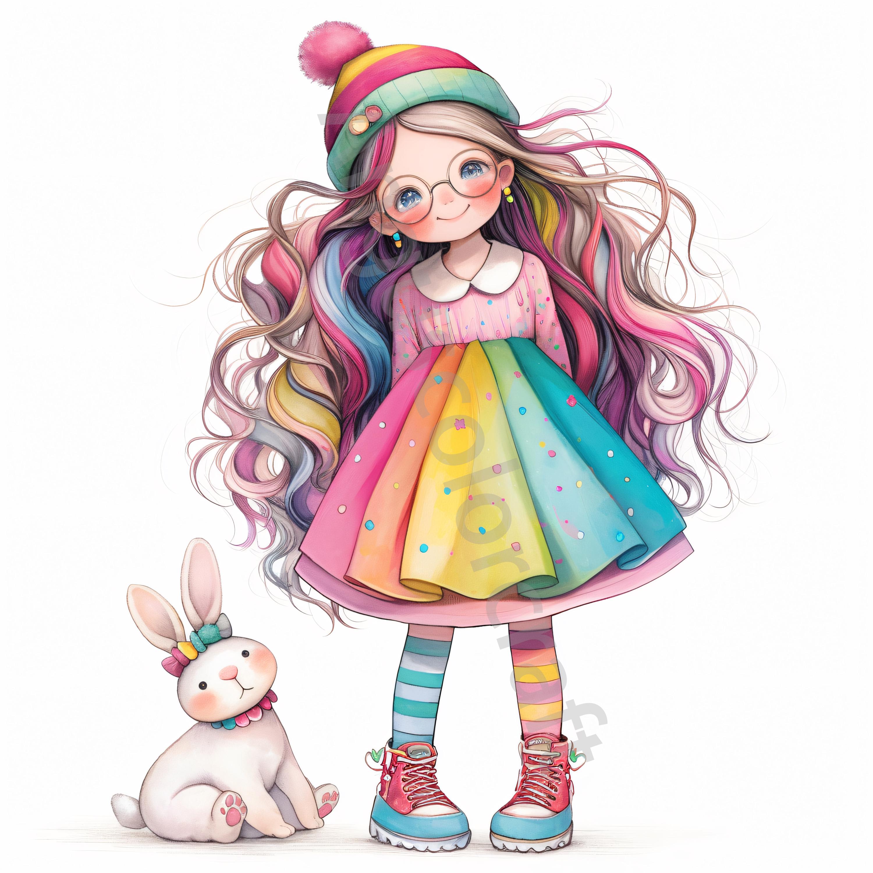 10 Quirky Girl With Bunny Clip Art, Commercial Use, Whimsical Ephemera ...