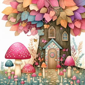 10 JPG Clip Art Foresta di Funghi, Clipart Acquerello, Diario di Ritagli, Album, Creazione di Biglietti, Download Digitale, Casa Fantasy Stravagante